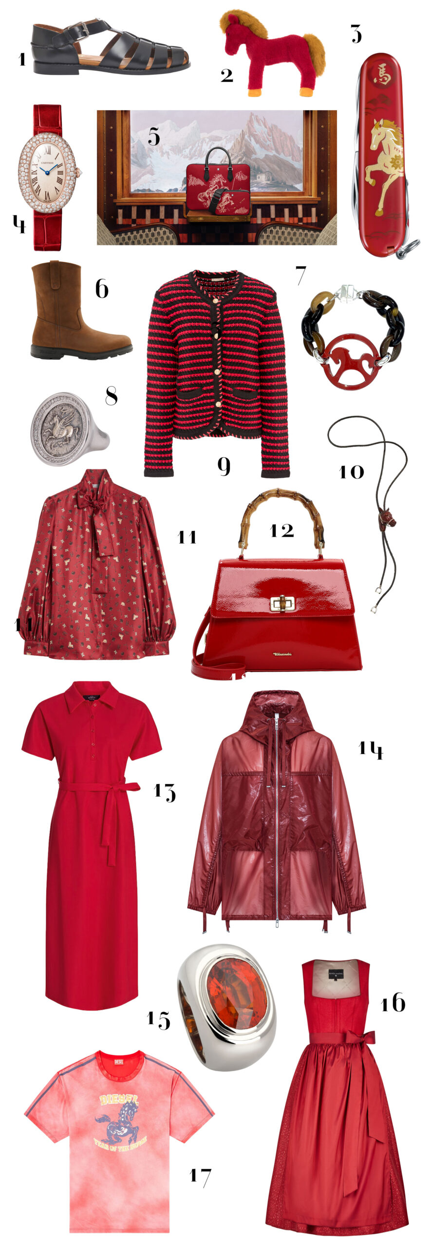 Produktcollage in Rot zum chinesischen Jahr des Feuer-Pferdes 2026 mit Dirndl, Kleidern, Accessoires, Schuhen, Schmuck und Taschen aus dem Trachten- und Modebereich.