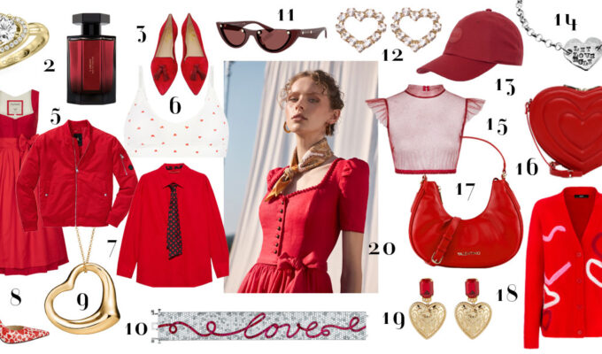 Collage mit Valentinstag Geschenkideen: rote Accessoires, Herzschmuck, Tasche in Herzform, Schmuck in Gold und romantische Mode-Highlights