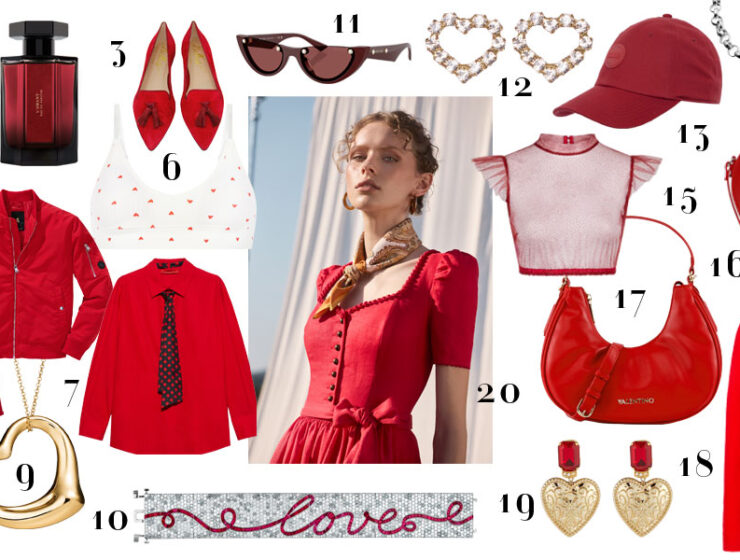 Collage mit Valentinstag Geschenkideen: rote Accessoires, Herzschmuck, Tasche in Herzform, Schmuck in Gold und romantische Mode-Highlights