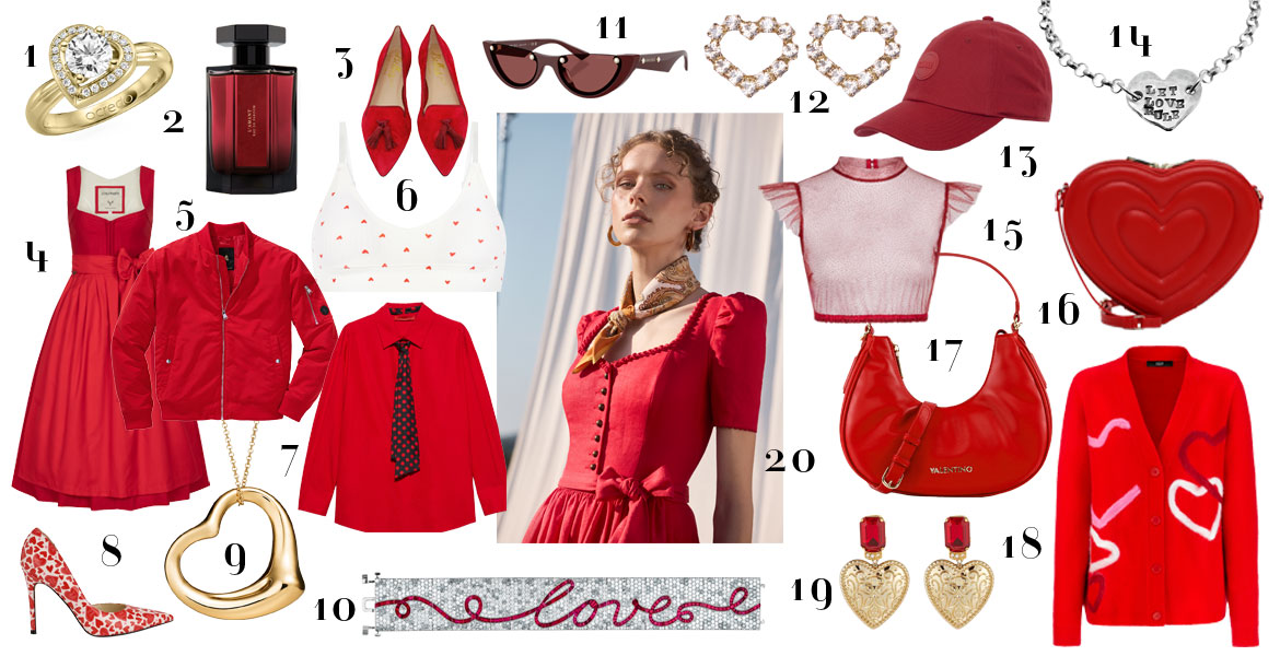 Stilvolle Valentinstag Geschenkideen in Rot und Gold: Herzschmuck, rote Tasche, feminine Mode und romantische Accessoires