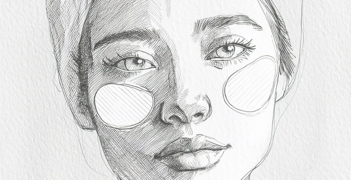 Illustration eines Gesichts mit Augenpatches unter den Augen als Symbol für Augenpflege gegen Augenringe und Schwellungen.