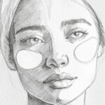 Illustration eines Gesichts mit Augenpatches unter den Augen als Symbol für Augenpflege gegen Augenringe und Schwellungen.