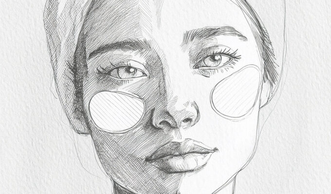 Illustration eines Gesichts mit Augenpatches unter den Augen als Symbol für Augenpflege gegen Augenringe und Schwellungen.
