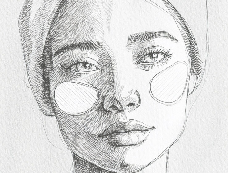Illustration eines Gesichts mit Augenpatches unter den Augen als Symbol für Augenpflege gegen Augenringe und Schwellungen.
