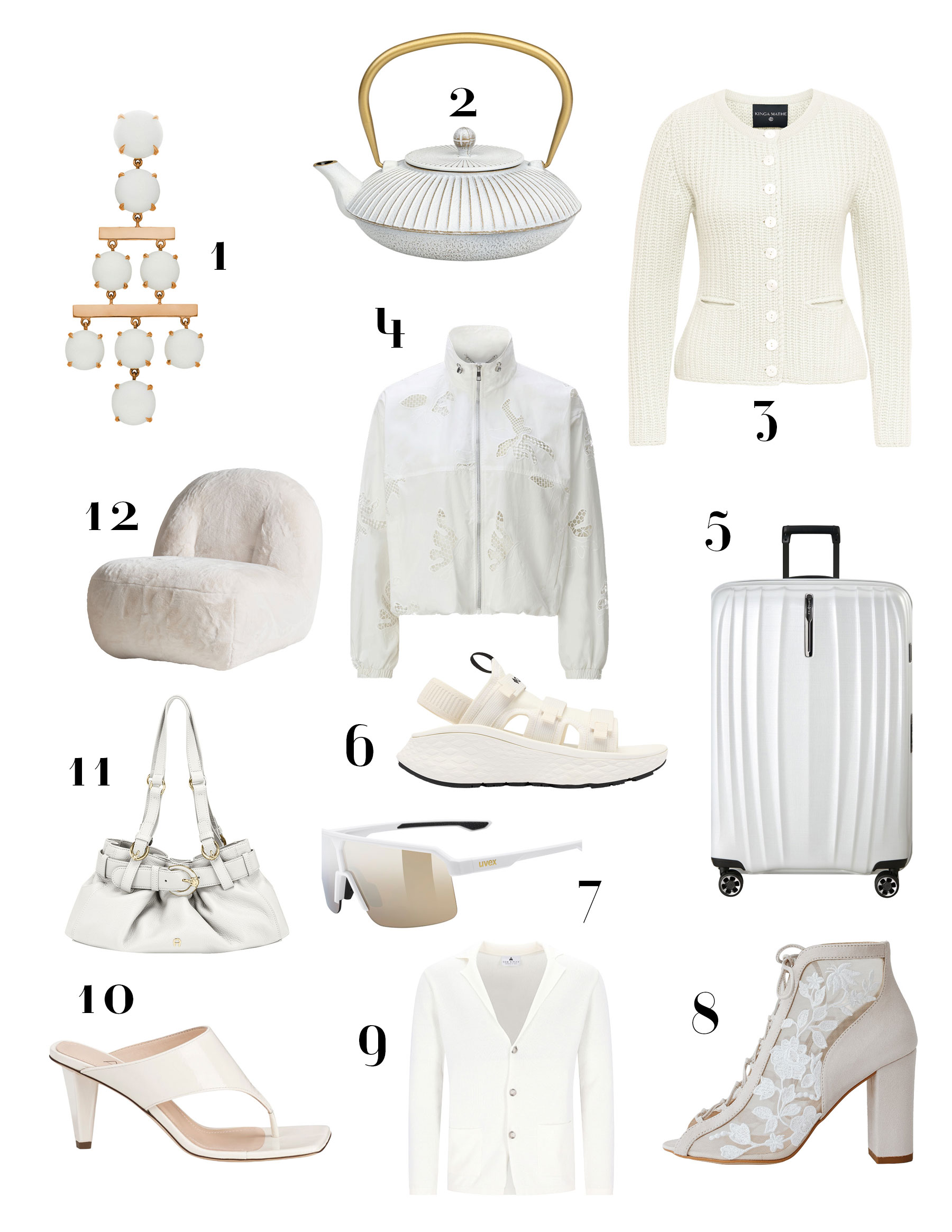 Cloud Dancer: Fashion, Accessoires und Interior im Farbtrend 2026 Produktauswahl in der Pantone Farbe des Jahres 2026 Cloud Dancer mit Mode, Accessoires, Möbeln, Reisegepäck und Designobjekten.
