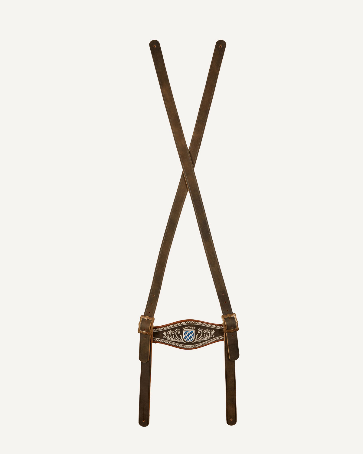 Brauner Trachten-Lederhosenträger mit besticktem Steg und bayerischem Wappen