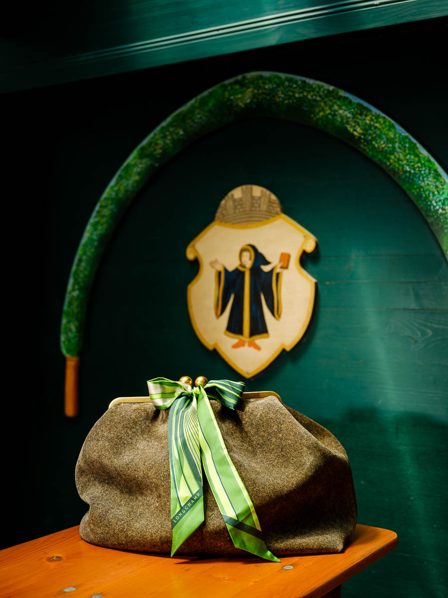 Braune Weekend-Max-Mara-Handtasche mit grünem Seidenband im Königlichen Hirschgarten in München