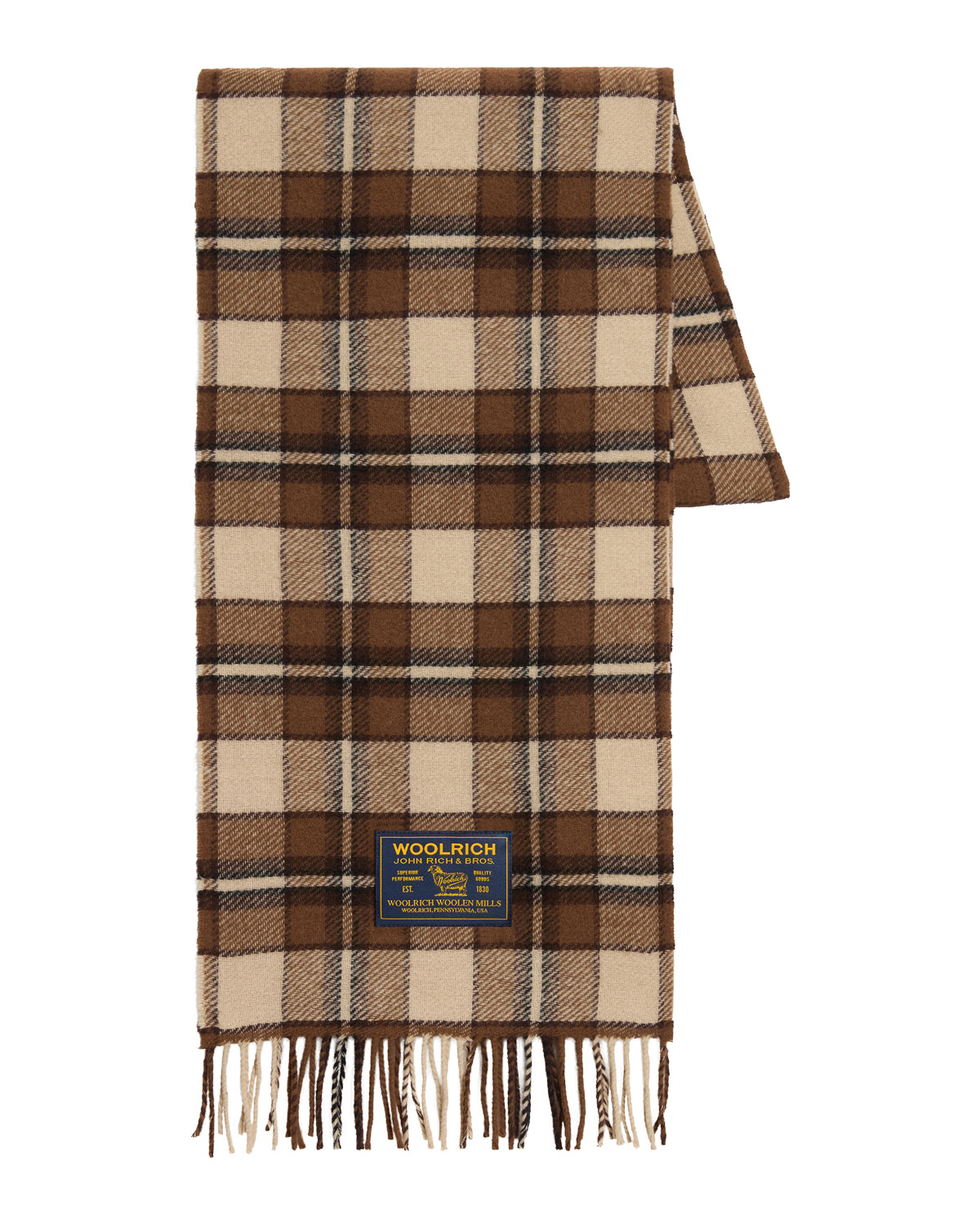 Woolrich – Karierter Wollschal Wollschal von Woolrich mit Karomuster in Dark Camel Check und Fransen
