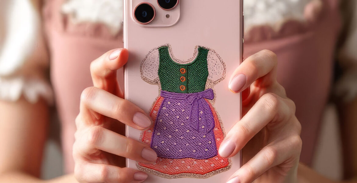 Rosafarbene Handyhülle mit gesticktem Dirndl-Motiv von Mimi’s Glow, gehalten vor einem rosafarbenen Dirndl.