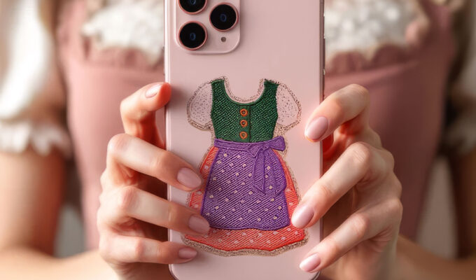 Rosafarbene Handyhülle mit gesticktem Dirndl-Motiv von Mimi’s Glow, gehalten vor einem rosafarbenen Dirndl.