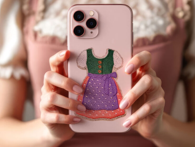 Rosafarbene Handyhülle mit gesticktem Dirndl-Motiv von Mimi’s Glow, gehalten vor einem rosafarbenen Dirndl.